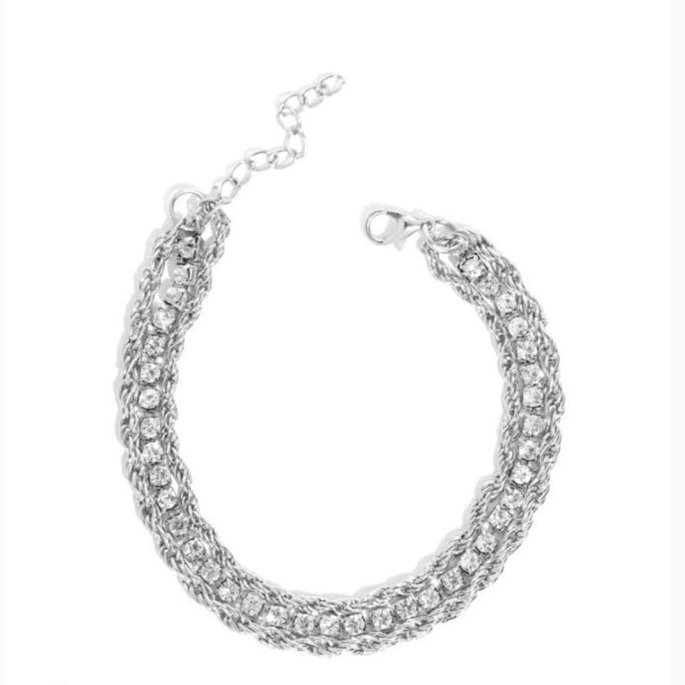 Paparazzi Silver Chain-Link Bracelet Excessive Empire White Rhinestone Jewelry